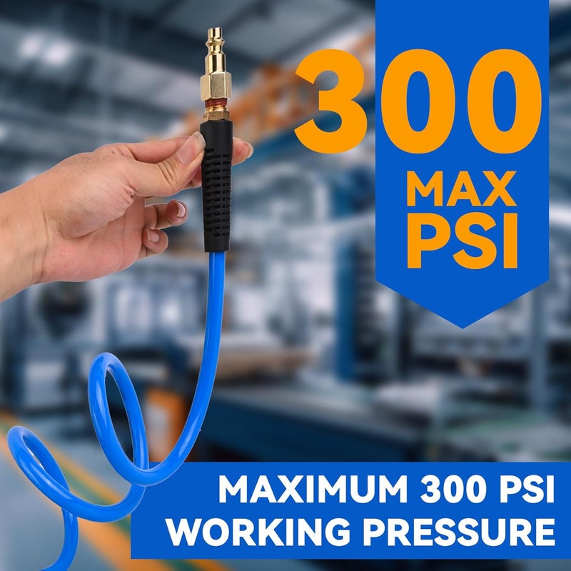 BOTSROOM Air Compressor Hose 1/4 in x 25 ft PU Air Hose Kit with 1/4" Industrial Air Fittings and Bend Restrictors, Working Pressure of 300 PSI, Blue - Image 4